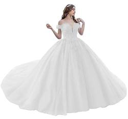 JIIL Damen Tüll Glitzer Hochzeitskleider Lang Schulterfrei Ballkleid Brautkleid mit Schleppe Prinzessin Formale Abschlussballkleid Weiß 48 von JIIL