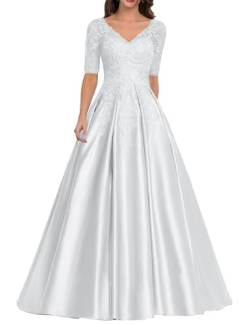 JIIL Mutterkleid Lang mit Ärmel - Elegant Spitze Abendkleid für Hochzeit Damen A-Linie Große Größen Festkleid Weiß 54 von JIIL