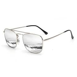 JIM HALO Quadratische Pilotensonnenbrille im Retro-Stil Premium Glass Lens Flat Metal Eyewear Herren Damen (Silber/Spiegelsilber) von JIM HALO