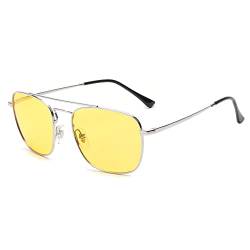 JIM HALO Retro Quadratisch Pilot Sonnenbrille Nacht Fahren Linse Flache Metallbrille Männer Frauen Silber von JIM HALO