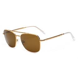 JIM HALO Retro Quadratische Pilot Sonnenbrille Premium Glas Linse Flache Metall Brillen Männer Frauen Gold/Braun von JIM HALO