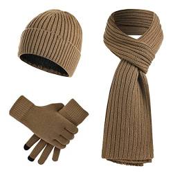 JIMACRO Winter 3set, Beanie Mütze Warme Knit Winterschal Thermo Touchscreen Handschuhe Set für Herren und Damen, Mütze Schal Handschuhe Set Mit Dick Fleece Innenfutter für Ski (Khaki) von JIMACRO