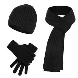 JIMACRO Winter 3set, Beanie Mütze Warme Knit Winterschal Thermo Touchscreen Handschuhe Set für Herren und Damen, Mütze Schal Handschuhe Set Mit Dick Fleece Innenfutter für Ski (Schwarz) von JIMACRO