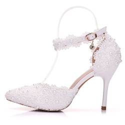 Die weiße Spitze Blumen geschlitzt-Strap Brautschuhe mit feiner Spitze zu Hochzeit Schuhe Damen Sandalen, Weiß 36 schießen von JING Weibliche Sandalen