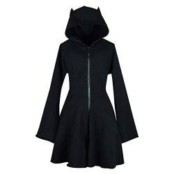 JINGYUA Hoodie Kleid Damen mit Kapuze Katze Design Gothic Reißverschluss Steampunk Kleider Langarm Pullover sexy Karneval kostüm von JINGYUA