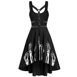 JINGYUA Kleider Gothic Schwarz Mit Totenkopf Pfotenabdruck Kleider Damen Sexy Knielang Cocktailkleid Kleid Abendkleid Cosplay Partykleid Spitze Steampunk Rockabilly Kreuz Kleid von JINGYUA