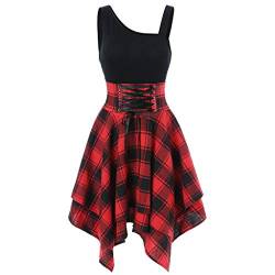 Kariertes Kleid Damen schwarz rot Asymmetrisch Knielang Kleider sexy Plaid Elegante Kleider A Linie cocktailkleider Partykleid festlich Kleider von JINGYUA