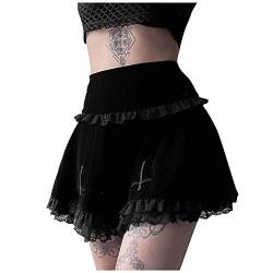 Rock Spitze schwarz kurz Kreuzdruck Damen Y2K Faltenrock A-Linie Hohe Taille Lace Gothic Minirock E-Mädchen Streetwear Black Skirt Goth Punk Skater Tennis Rock sexy von JINGYUA