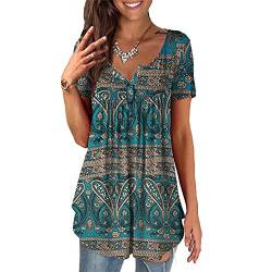 Damen Plus Size Sommer Tops Floral Kurzarm V-Ausschnitt Knopf Tunika Rüschen Flowy T-Shirts von JINLLC