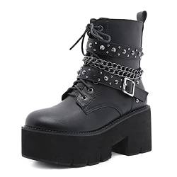 Damen Stiefel Blockabsatz Plattform Kette Chunky Heel Plateau Punk Stil Stiefeletten Reißverschluss Motorrad Nietenschuhe von JINLLC