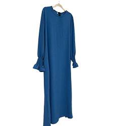 JINLLC Damen Gebetskleid Ramadan islamische muslimische Kleidung Lange Ärmel Abaya Kleid Einfarbig Türkischer Robe Dubai Outfits, blau - peacock blue, Small von JINLLC