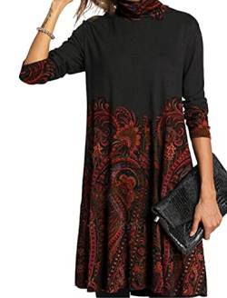 JINLLC Damen Kleid Blumen Lose Herbst/Winter Langarm Halbhoher Kragen Female Kleider S-5XL von JINLLC