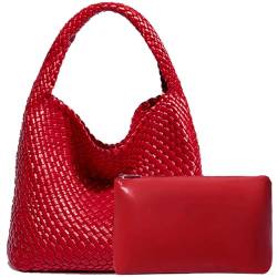 Damen-Handtasche aus veganem Leder, handgewebt, modische Schultertasche, Top-Griff, Unterarmtasche mit Geldbörse, Rot/Ausflug, einfarbig (Getaway Solids) von JINMANXUE