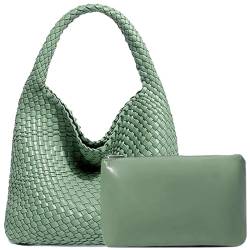 JINMANXUE Damen-Handtasche aus veganem Leder, handgewebt, modische Schultertasche, Top-Griff, Unterarmtasche mit Geldbörse, Bean Green von JINMANXUE