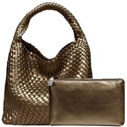 JINMANXUE Damen-Handtasche aus veganem Leder, handgewebt, modische Schultertasche, Top-Griff, Unterarmtasche mit Geldbörse, Bronze von JINMANXUE