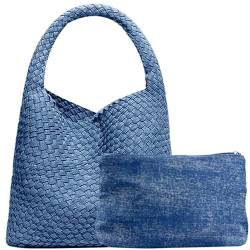 JINMANXUE Damen-Handtasche aus veganem Leder, handgewebt, modische Schultertasche, Top-Griff, Unterarmtasche mit Geldbörse, Denim Blau von JINMANXUE