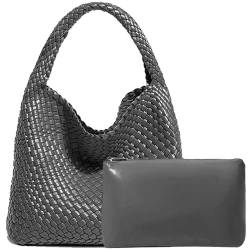 JINMANXUE Damen-Handtasche aus veganem Leder, handgewebt, modische Schultertasche, Top-Griff, Unterarmtasche mit Geldbörse, GRAU, Large von JINMANXUE