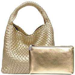 JINMANXUE Damen-Handtasche aus veganem Leder, handgewebt, modische Schultertasche, Top-Griff, Unterarmtasche mit Geldbörse, Gold von JINMANXUE