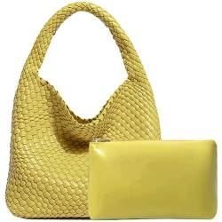 JINMANXUE Damen-Handtasche aus veganem Leder, handgewebt, modische Schultertasche, Top-Griff, Unterarmtasche mit Geldbörse, Huhn Gelb von JINMANXUE