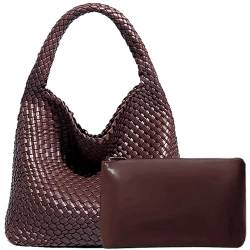 JINMANXUE Damen-Handtasche aus veganem Leder, handgewebt, modische Schultertasche, Top-Griff, Unterarmtasche mit Geldbörse, Kaffee von JINMANXUE