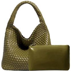 JINMANXUE Damen-Handtasche aus veganem Leder, handgewebt, modische Schultertasche, Top-Griff, Unterarmtasche mit Geldbörse, Olivgrün, Large von JINMANXUE