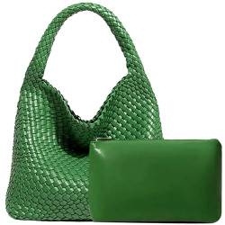 JINMANXUE Damen-Handtasche aus veganem Leder, handgewebt, modische Schultertasche, Top-Griff, Unterarmtasche mit Geldbörse, Palmengrün von JINMANXUE