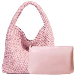 JINMANXUE Damen-Handtasche aus veganem Leder, handgewebt, modische Schultertasche, Top-Griff, Unterarmtasche mit Geldbörse, Pink, Large von JINMANXUE