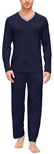 JINSHI Herren-Pyjama-Set, langärmelig, V-Ausschnitt, 2-teilig, Nachtwäsche, Hose mit Taschen, leicht, schnell trocknend, weich, gute Elastizität, A2-navy, X-Large von JINSHI