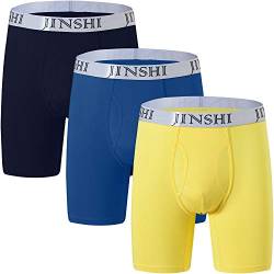 JINSHI Herren Retroshorts Unterhosen Lang Bambus Boxershorts Atmungsaktiv Underwear eng Trunk Marineblau/Blau/Gelb 3er Pack L von JINSHI