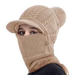 JINTN Wintermütze Schal Mundschutz Set 3 in 1 Strickmütze mit Krempe Winter Warme Beanie Mütze mit Bommel Fleecefutter Mütze Schlauchschal Outdoor Ski Snowboard Warme Winterschal für Erwachsene von JINTN