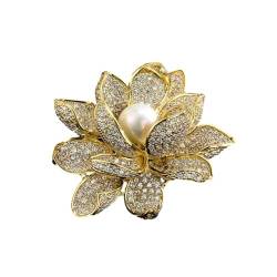 Brosche Strass Vintage Goldene Lotus Brosche Damen Corsage Blumennadel Anzugzubehör Diamant Schnalle Pin Weiße Perlen von JINZIJINYU