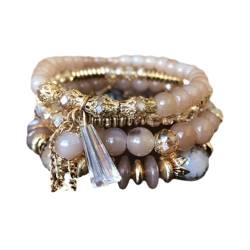 JISADER Mehrschichtiges Perlenarmband im Boho-Stil, Stretch-Armreif, einzigartige Charm-Perlenarmbänder, Statement-Armbänder für den Strand und den Alltag, khaki von JISADER