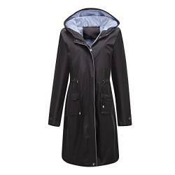 JISDFKFL Regenmantel für Damen, wasserdicht, lang, mit Kapuze, Trenchcoats, gefüttert, leicht, Windjacke, Reise-Regenjacke mit Tasche, Schwarz , 50 von JISDFKFL