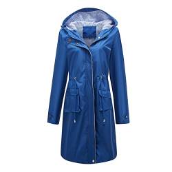 JISDFKFL Regenmantel für Damen, wasserdicht, lang, mit Kapuze, Trenchcoats, gefüttert, leicht, Windjacke, Reise-Regenjacke mit Tasche, blau, 38 von JISDFKFL