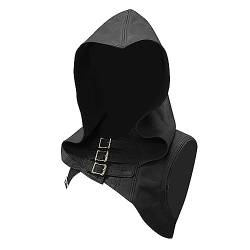 JISDFKFL Unisex Erwachsene Mittelalter Kostüm Leder Kapuzenumhang mit Verstellbaren Schnallen Gothic Wikinger Krieger Kurz Kapuzenschal für Halloween Cosplay Kostüm Zubehör Retro Kapuzenschal, Schwarz von JISDFKFL