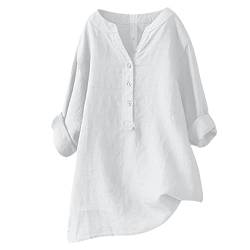 Leinen-Tops für Damen, Sommer-Tops, modisch, lässig, V-Ausschnitt, lockere Knöpfe, Hemden, Bluse, langärmelig, Baumwolle und Leinen, Tunika, einfarbig, Pullover, weiß, 54 von JISDFKFL