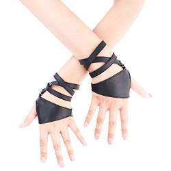 JISEN Damen-Handschuhe, Halbhandfläche, fingerlos, PU-Leder, Nachtbar, Band Up, Punk-Handschuhe, schwarz, Einheitsgröße von JISEN