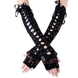 JISEN Fingerlose Handschuhe für Damen, Ellenbogen-Schnürung, Steampunk-Kostüm, Armwärmer, Nylon Schwarz, One size von JISEN