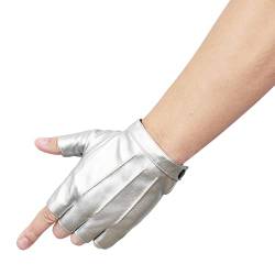 JISEN Herren-Handschuhe aus PU-Leder, Punk-Halbfinger-Schnappverschluss, silber, Einheitsgröße von JISEN