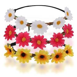 3 Stück Gänseblümchen-Blumen-Stirnband Blumenkrone Stirnbänder Verstellbar Elastisches Haarband Für Frauen Mädchen Damen Festival Hochzeit Party (Rot, Weiß, Gelb) von JITNGA