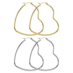 Jitnga 2 Paar Creolen Für Damen Mädchen Herzform, Edelstahl Hypoallergen Geometrische Creolen Damen Ohrringe Creolen Set Für Frau Mädchen (Gold Und Silber) von JITNGA