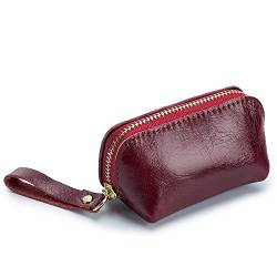 JIUFENG Münztasche mit Reißverschluss, kleine Geldbörse für Damen und Herren, schlichtes einfarbiges Leder, Mini-Geldbörse, Retro-Stil, Weinrot, 3.9"(L) x 2"(W) x 2.2"(H), modisch von JIUFENG