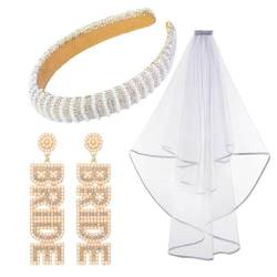 Künstliche Braut Stirnbänder Schleier Ohrring Set Für Hochzeitsfeier Brautparty Hairhoop Brautschleier Mode Stirnbänder von JIUJIUWO
