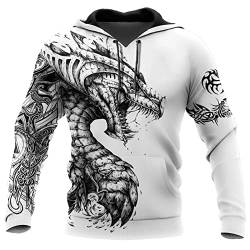 JIYAU Wikinger Drachen Tattoo Herren Hoodie Realistische 3D-gedruckte nordische Mythologie Midgarðsormr Lässige Langarmjacke Harajuku-Paar-Sweatshirt mit großem Taschenreißverschluss von JIYAU