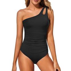 JIYAYUIX Einteiliger Badeanzug für Damen 2024 Hoch Taillierter Badeanzug Asymmetrischer Ausschnitt Monokini vorne Gerüschte Wickel-Badebekleidung von JIYAYUIX
