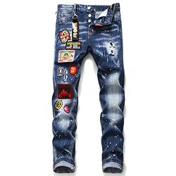 Herren in voller Länge Casual Fashion Slim Fit Stickerei Badge Splash Ink Jeans Hosen(30,Blau) von JJCat