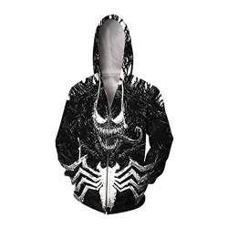 JJCat Herren Langarm 3D-Druck Hero Venom Serie Horror Venom Plus Größe 5XL Reißverschluss Hoodies Paar Sweatshirts(3XL,Schwarz) von JJCat