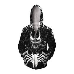 JJCat Herren Langarm 3D-Druck Hero Venom Serie Horror Venom Plus Größe 5XL Reißverschluss Hoodies Paar Sweatshirts(M,Schwarz) von JJCat