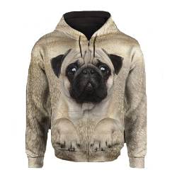 JJCat Männer/Frauen mit Kapuze Langarm, 3D-Druck Hundeserie Mops-Design Reißverschluss Strickjacke Sweatshirts(L,Grau) von JJCat