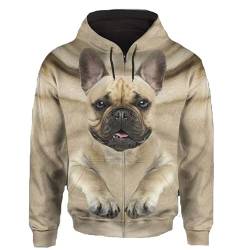 JJCat Männer mit Kapuze Langarm 3D-Druck Hundeserie französische Bulldogge Design Reißverschluss Strickjacke Sweatshirts(XXL,Beige3) von JJCat